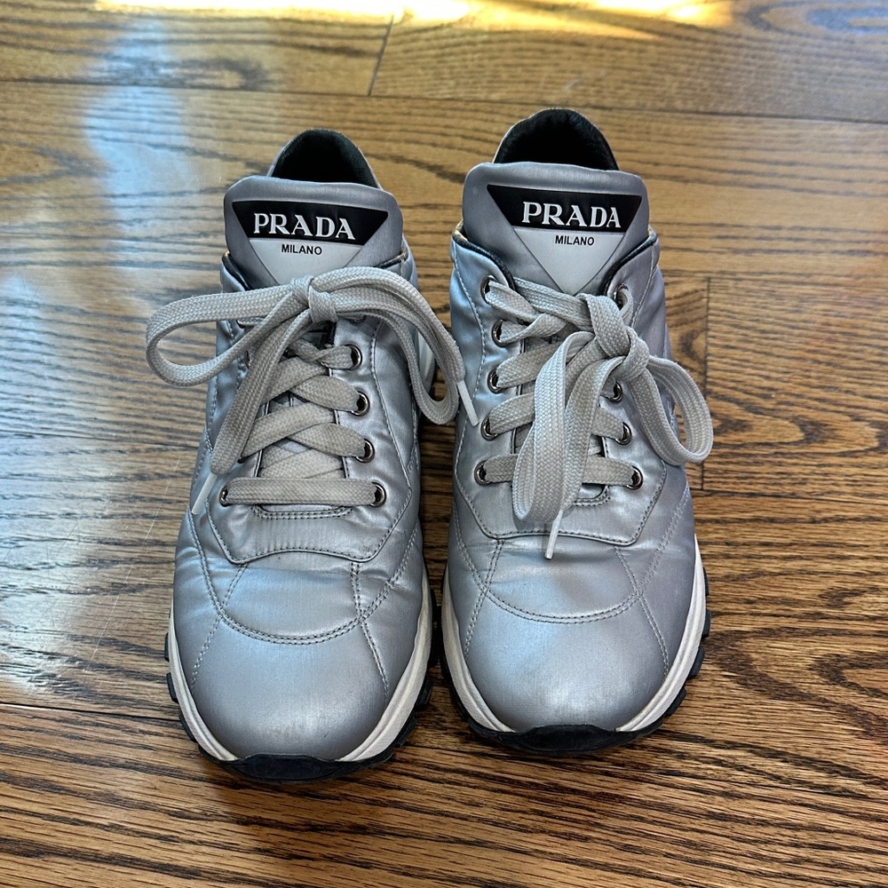 Prada Metallic Silver Lace-Up Sneakers
